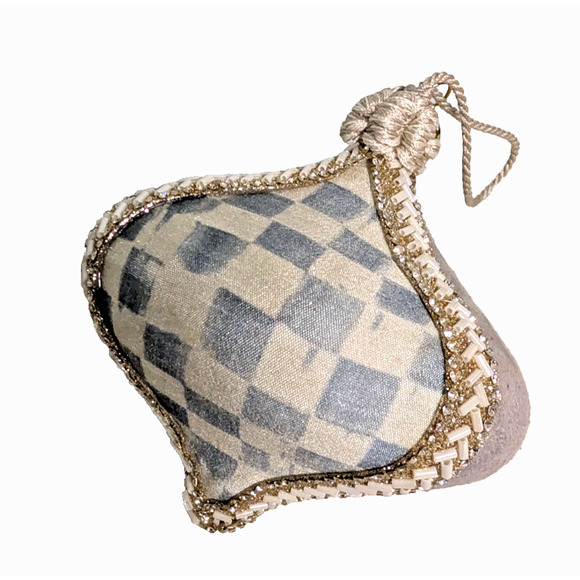 Mackenzie Childs Sterling Check Ornament Gray Velvet Patchwork Onion, Set of 4 - Picture 2 of 8